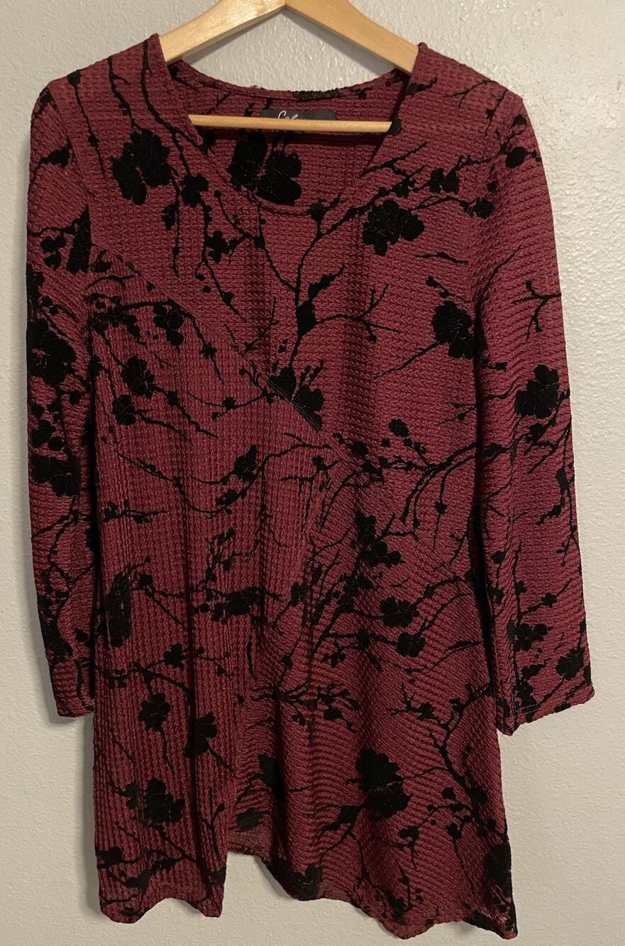 Calessa Womens Tunic Large Red Black Floral 3/4 Sleeve Whimsigoth Romantic